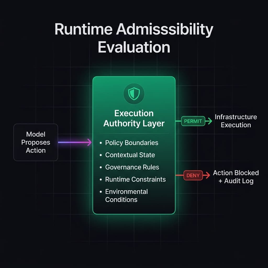 Runtime Admissibility Evaluation flow showing model proposal through Execution Authority Layer evaluation to PERMIT or DENY judgment