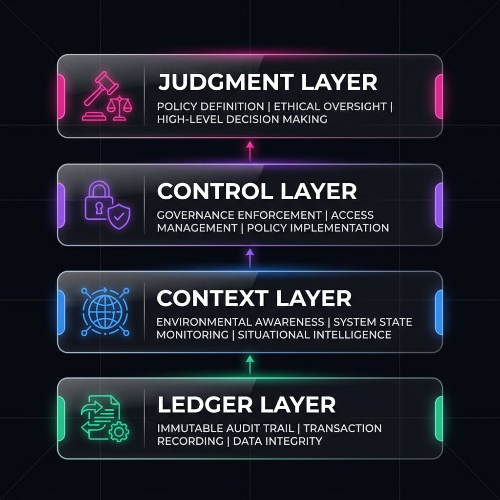 Exogram Four-Layer Control Plane: Ledger Layer, Context Layer, Control Layer, and Judgment Layer with interconnected governance flows