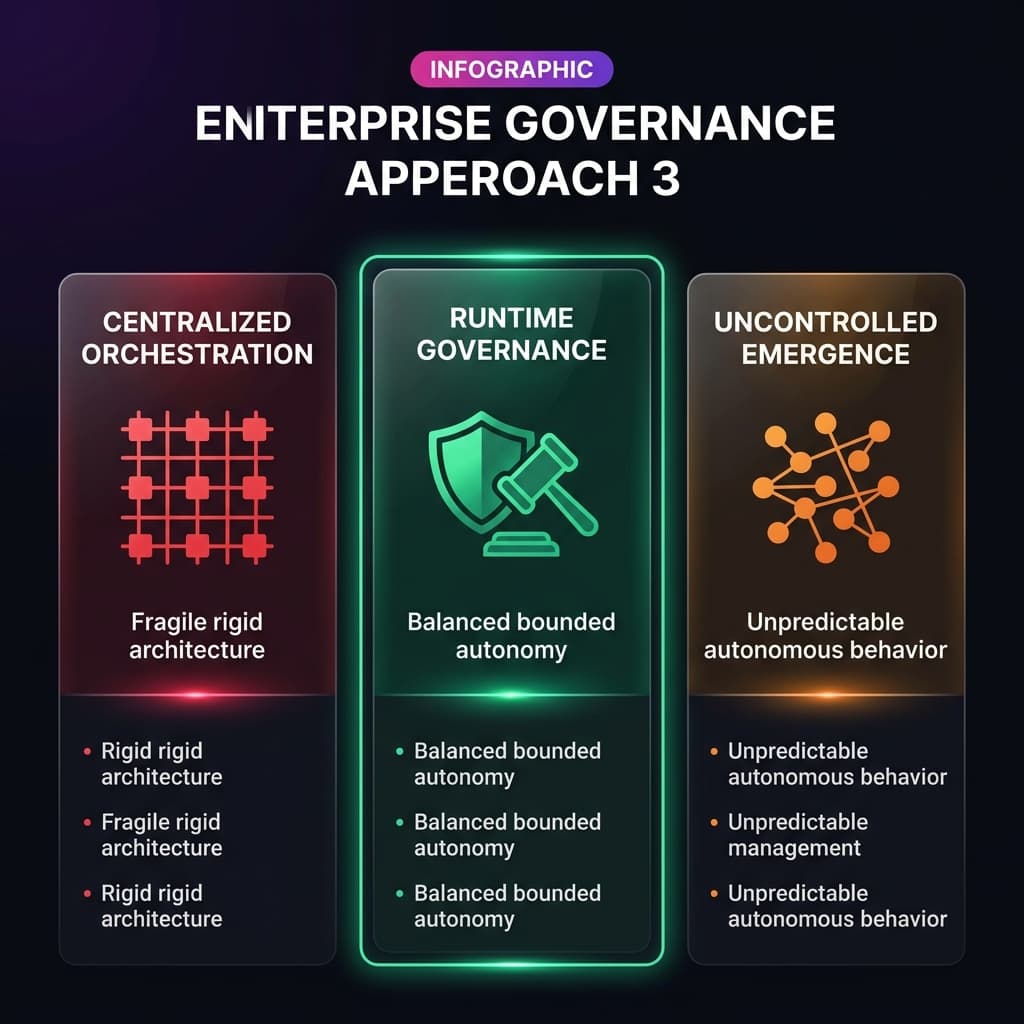 Comparison of Centralized Orchestration, Runtime Governance, and Uncontrolled Emergence approaches to AI agent management