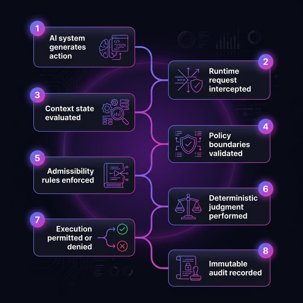 Exogram Runtime Flow Pipeline showing 8-step deterministic evaluation from AI action generation through immutable audit recording